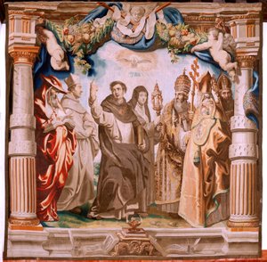 flamsk billedvev. Serien Nattverdens triumf. Eukaristiens forsvarere (os defensores de la Eucaristía). Tiende billedvev i serien. Modell Peter Paul Rubens. 1626-1628. Produksjon Jan II Raes, Hans Vervoert, Jacques Fobert, Brussel av Peter Paul (after) Rubens