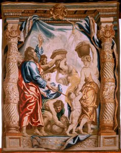 flamsk billedvev. Mannas fall i ørkenen (La caída del maná en el desierto). Serien Nattverdens triumf. Tredje billedvev i serien. Modell Peter Paul Rubens. 1626-1628. Produksjon Jan II Raes, Jacob II Geubels, Hans Vervoert, Ja av Peter Paul (after) Rubens