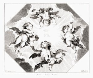 Fire barneengler som feirer Jomfru Maria. av Peter Paul (after) Rubens
