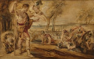 Cadmus, guidet av Minerva, observerer Spartoi-kampene av Peter Paul Rubens (after)