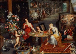 Allegori om syn og lukt Detalj. Unge kvinner nær et bord dekket med blomster og juveler, presenterer en engel et speil til en av kvinnene som beundrer seg selv. Kunstverk hoper seg opp i bakgrunnen. En ilder ligger til venstre. Maleri av Pierre Pa av Peter Paul Rubens