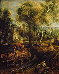 Et høstlandskap med utsikt over Het Steen tidlig om morgenen, ca. 1636 olje på paneldetalj av 211075 av Peter Paul Rubens