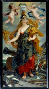 Cycle des Medicis: "" Portrait en pied de Marie de Medicis en Bellona (1573-1642) dronning av Frankrike"" Maleri av Pierre Paul (Pierre-Paul) Rubens (ou Peter Paul eller Peter Paul) (1577-1640) (ec .flam.) 1621 Søn. 2,76x1,49 m av Peter Paul Rubens
