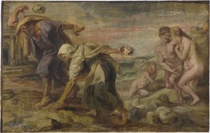 ""Deucalion and Pyrrha"" Peinture de Pieter Paul Rubens (1577-1640) vers 1636 - Olje på tre Dim 26,4x41,7 cm Museo del Prado, Madrid av Peter Paul Rubens