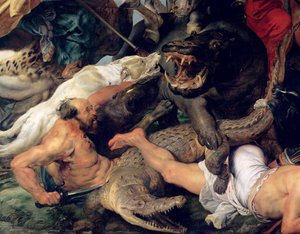 Flodhest og krokodillejakt, ca. 1615-16 (detaljer) (se også 156517) av Peter Paul Rubens