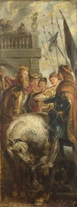 Kongene Clothar og Dagobert strides med en Herald fra keiseren Mauritius. Skisse for høyaltertavle, St. Bavo, Gent, 1611 av Peter Paul Rubens