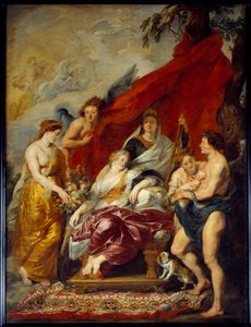 Ludvig XIII ble født i Fontainebleau 27. september 1601. Hans mor Marie de Medicis (Maria de Medici) sitter på tronen og ser på det nye ne. Maleri av Pierre Paul (Pierre-Paul) Rubens (eller Peter Paul eller Petrus Paulus) (1577-1640) av Peter Paul Rubens