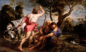 ""Mercury and Argus"" Mercury blir instruert av Zevs om å legge Argus i søvn, Ios vokter, forvandlet til en kvige av Hera (Mercury and Argus) Maleri av Pieter Paul Rubens (1577-1640) 1636-1638 Dim 180x298 cm Museo del Prado, Madrid av Peter Paul Rubens