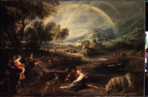 Landskap med en regnbue. Maleri av Peter Paul (Pierre-Paul) Rubens (eller Peter Paul eller Petrus Paulus) (1577-1640). Olje på lerret, 86 x 130 cm, tidlig 1630. Flamsk kunst, barokkkunst. Eremitasjemuseet, St. Petersburg. av Peter Paul Rubens