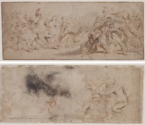 Forsoning mellom romerne og sabinerne (recto) Venus avvæpner Mars, draperistudie (verso) av Peter Paul Rubens