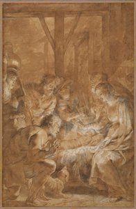 The Adoration of the Shepherds, ca. 1613-4 (penn og brunt blekk med brun vask og hvit gouache) av Peter Paul Rubens