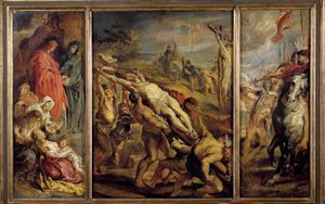 The Erection of the Triptych Cross av Pierre Paul (Pierre-Paul) Rubens (eller Peter Paul eller Petrus Paulus) (1577-1640) 1600-tallet Søn. 0,68x1,07 m Paris, Musée du Louvre av Peter Paul Rubens