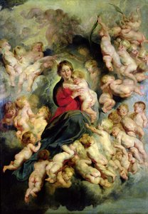 Jomfruen og barnet omgitt av de hellige uskyldige eller, Jomfruen med engler, 1618 av Peter Paul Rubens