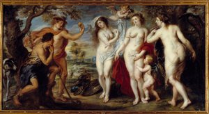 Paris-dommen Hyrden Paris må velge hvem han vil gi gulleplet for å designe den vakreste av de tre gudinnene, Athena, Afrodite eller Hera. Maleri av Pierre Paul (Pierre-Paul) Rubens (eller Peter Paul eller Petrus Paulus) (1577-1640) av Peter Paul Rubens