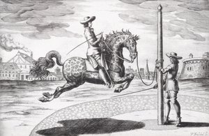 A Horse en Capriole fra New Treatise for Breeding Horses skrevet av Winters, Stuterey og Reit-Schul, gravert av kunstneren, pub. 1672 gravering av Peter Paul Troschel