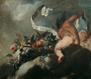 To putti med blomster, frukt og et banner av Peter Strudel