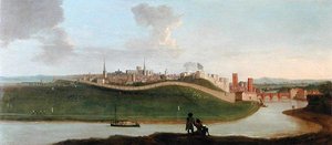 Utsikt over Chester, med to figurer ved elven i forgrunnen (olje på lerret)