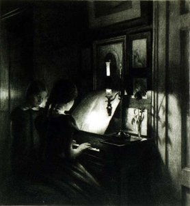 Jentene ved pianoet (mezzotint) av Peter Vilhelm Ilsted