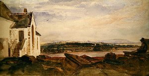 En figur som sitter i en kirkegård ved elven (akvarell på papir) av Peter de Wint