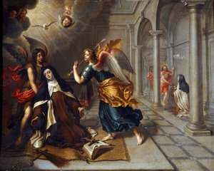 Den hellige Therese av Avila (av Jesusbarnet) (1515-1582) møter engelen som gjennomborer hjertet av sin gyldne darter Maleri av Peter Van Lindt (1600-tallet) Dim. 85x70 cm Genes, Galleria di Palazzo Bianco