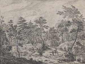 Skoglandskap med en rytter som samtaler med en mann i midten, en gangbro til høyre, 1716. av Peter von Bemmel