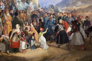 Inngangen til kong Othon I av Hellas (1815-1876) til Athen, ønsket velkommen av folkemengden foran tempelet til Hephaistos (Hephaisteion) (Hephaistos) eller Theseion på Agora (Hellas)