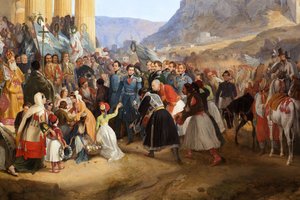 Inngangen til kong Othon I av Hellas (1815-1876) til Athen, ønsket velkommen av folkemengden foran tempelet til Hephaistos (Hephaisteion) (Hephaistos) eller Theseion på Agora (Hellas)
