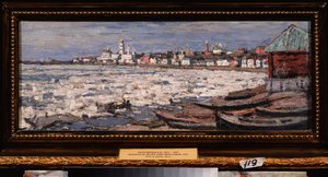 Isdrift på Volga, nær Yaroslavl (Russland). Verk av Pyotr Ivanovich Petrovichev (Piotr Petrovichev) (1874-1947), olje på papp