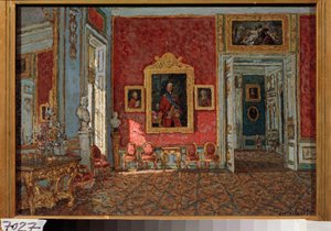 The Crimson Drawing Room i Kuskovo Palace (Moskva, Russland) - Den lilla salongen i Kuskovo Palace - Maleri av Pyotr Ivanovich Petrovichev (Piotr Petrovichev) (1874-1947), olje på lerret