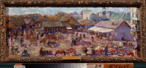 Le marche a Pskov (Russland). Oeuvre de Pyotr Ivanovich Petrovitchev (Piotr Petrovitchev) (1874-1947), huile sur kartong av Petr Ivanovic Petrovichev