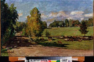 Hvil i enga. (Besetning nær en bekk, krysser en beitemark). Verk av Pyotr Ivanovich Petrovichev (Piotr Petrovichev) (1874-1947), olje på papp av Petr Ivanovic Petrovichev