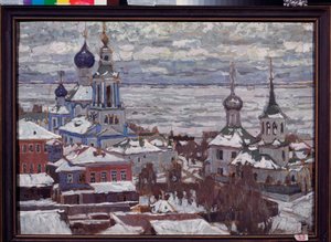 Rostov (Russland) om vinteren. Verk av Pyotr Ivanovich Petrovichev (Piotr Petrovichev) (1874-1947), gouache og tempera på papp
