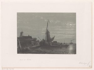 Seilskip på tørt land ved måneskinn av Petrus Paulus Schiedges (I)