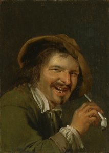 Lukt: En lerende mann som røyker en pipe. Fra serien Personifications of the Five Senses, ca. 1635-66 (olje på tre) av Petrus Staverenus