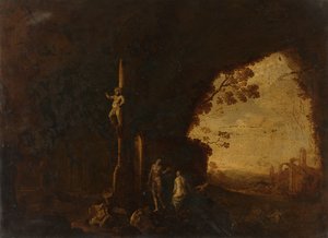Nymfer i en hule med antikke ruiner av Petrus van Hattich