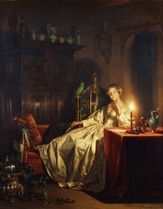 Et interiør med levende lys med en dame som sitter ved et bord, 1865