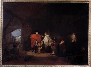 Menneskelighetstrekk ved Louis XVI: vinteren 1784 gir kongen almonen til innbyggerne i Versailles Maleri av Louis Philibert Debucourt (1755-1832) 1785 Søn. 0,61x0,83 m av Philibert Louis Debucourt