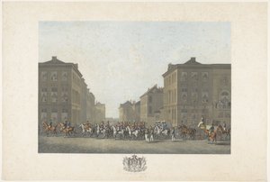 Band ved innvielsen av William I i Brussel 21. september 1815 Tolv plater med ankomst og innvielse av William I i Brussel og kampene ved Quatre-Bras og Waterloo i 1815 (serietittel) av Philibert Louis Debucourt