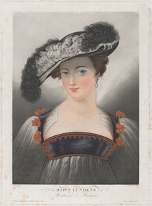 Portrett av Susanna Lunden, iført bredbremmet hatt med fjær, ca. 1809-35.. av Philibert Louis Debucourt