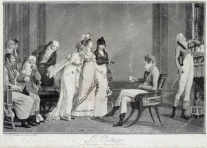Den oransje eller den moderne dommen av Paris Parodi på dommen i Paris iscenesetter en ung mann i mote av Directoire (Utrolig) å velge mellom tre Wonderful. Trykk av Philibert Louis Debucourt (1755-1832) 1800 rundt Paris, Musee Carnava av Philibert Louis Debucourt