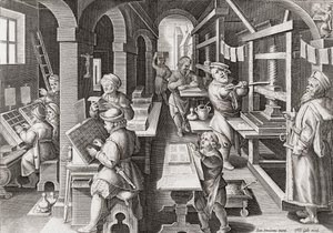 Et europeisk trykkeri rundt 1590 (gravering) av Philip (after) Galle