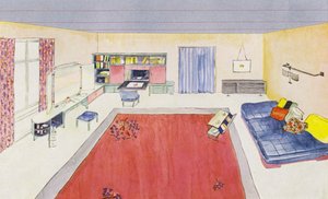 Interiør fra 1930-tallet: Påklednings- og stue for dame (farge litho)