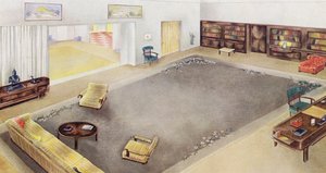 1930-talls interiør: Stue og arbeidsrom (farge litho)