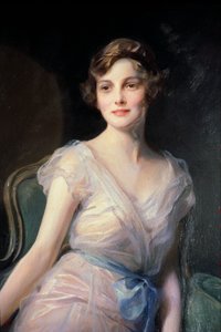 Detalj av portrett av frøken Leicester-Warren av Philip Alexius de Laszlo