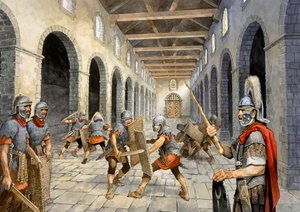 Romersk infanteri som øver i kamp, c3. århundre, c1990-2010 av Philip Corke