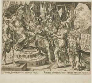 Achior bønnfaller Holofernes for israelittene, plate 1 fra The Story of Judith and Holofernes
