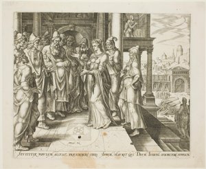 Judith Addressing the Elders of Bethulia, plate tre fra The Story of Judith and Holofernes av Philip Galle