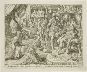 Judith Presentert for Holofernes, plate fem fra The Story of Judith and Holofernes av Philip Galle