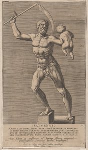 Plate 1: Saturn, statue av den nakne guden som står på en sokkel og holder en ljå på høyre side..., 1586.