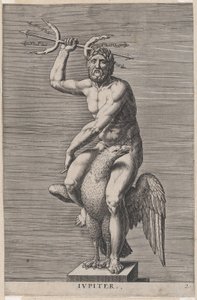 Plate 2: Jupiter, statue av den nakne guden som sitter på en ørn og holder en dobbel trefork, fra..., 1586.